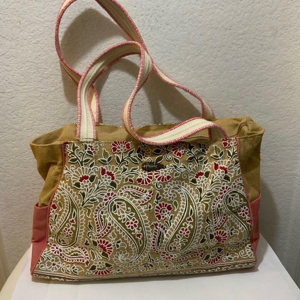 Avani Sun N Sand paisley Tropical tan Beaded Jute Tote Bag